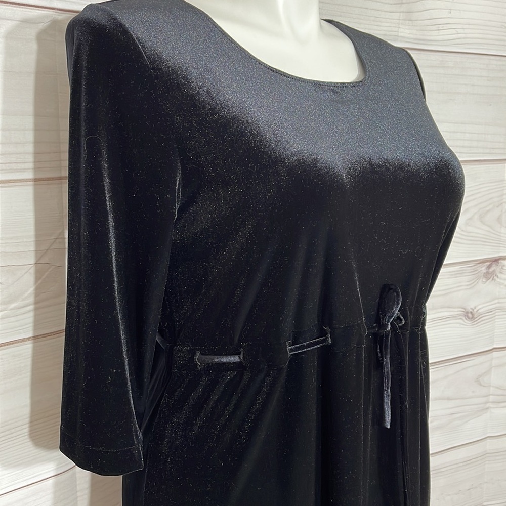 Long Black Velour 90's Dress 3/4 Sleeves Empire Style with Drawstring Size 14/16 - Picture 3 of 8
